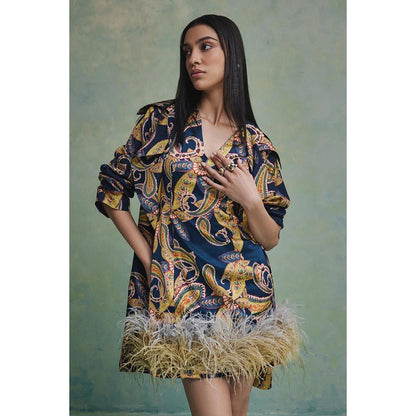 ZABELLA Blue Baroque Feather Mini Dress