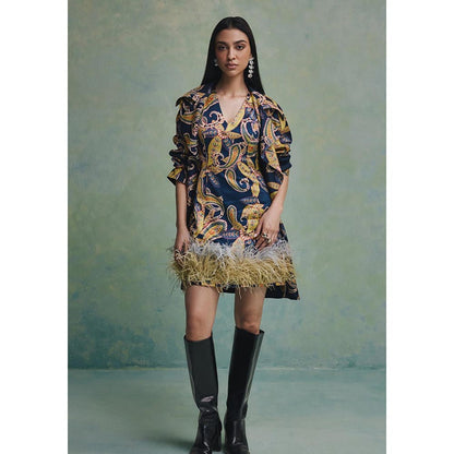ZABELLA Blue Baroque Feather Mini Dress