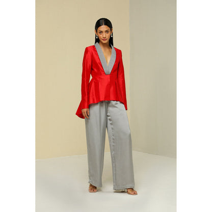 Zaitra Red And Grey Peplum Jacket