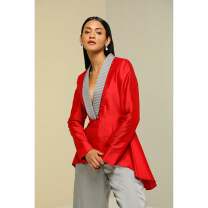 Zaitra Red And Grey Peplum Jacket