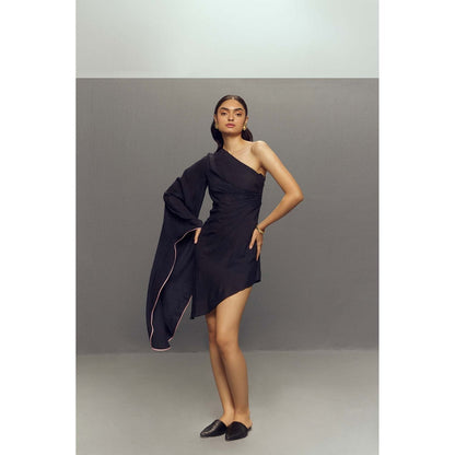 Zaitra Black Crepe Linen Butterfly Dress