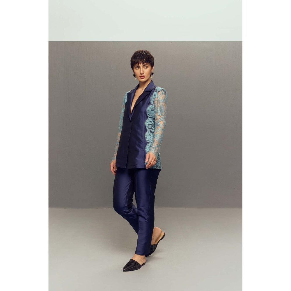 Zaitra Blue Chantilly Lace Blazer with Pant (Set of 2)