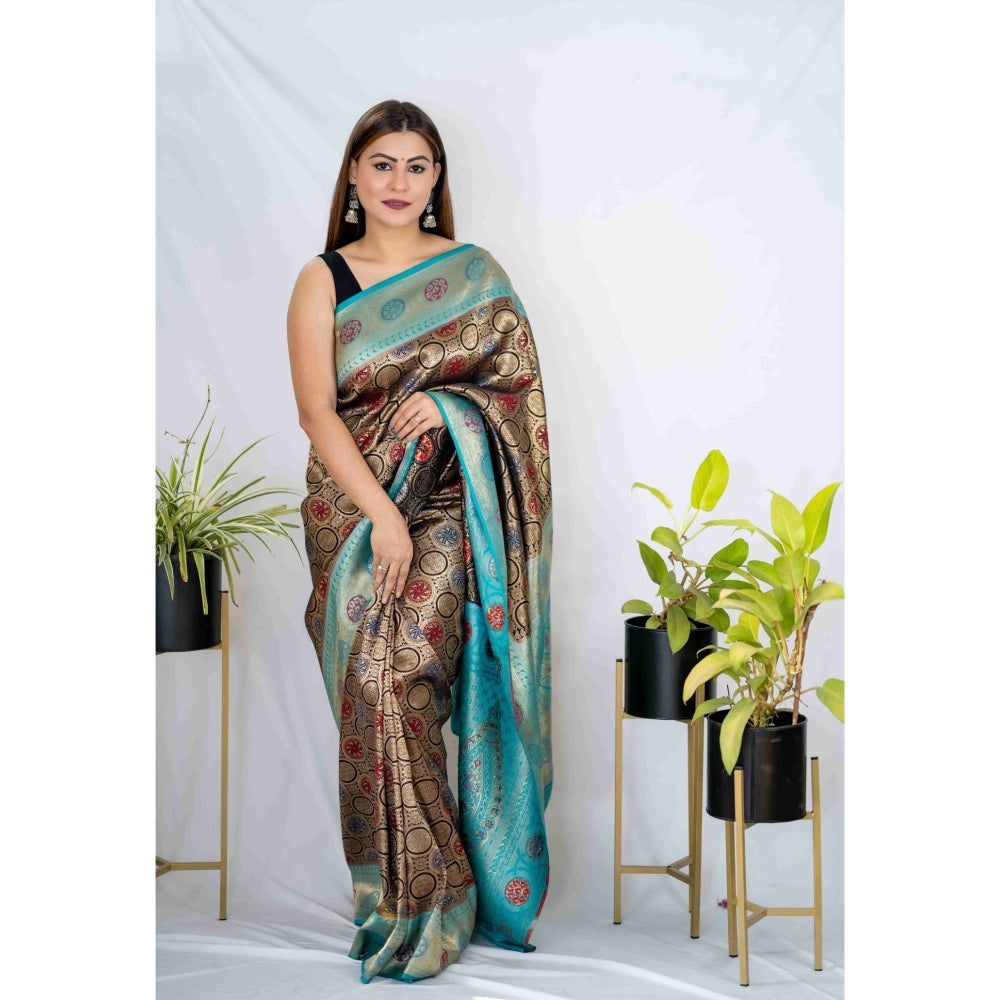 Zal from Benaras Navy Blue Silk Banarasi Handloom Saree with Unstitched Blouse