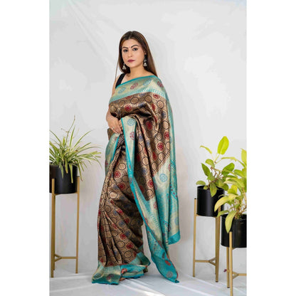 Zal from Benaras Navy Blue Silk Banarasi Handloom Saree with Unstitched Blouse