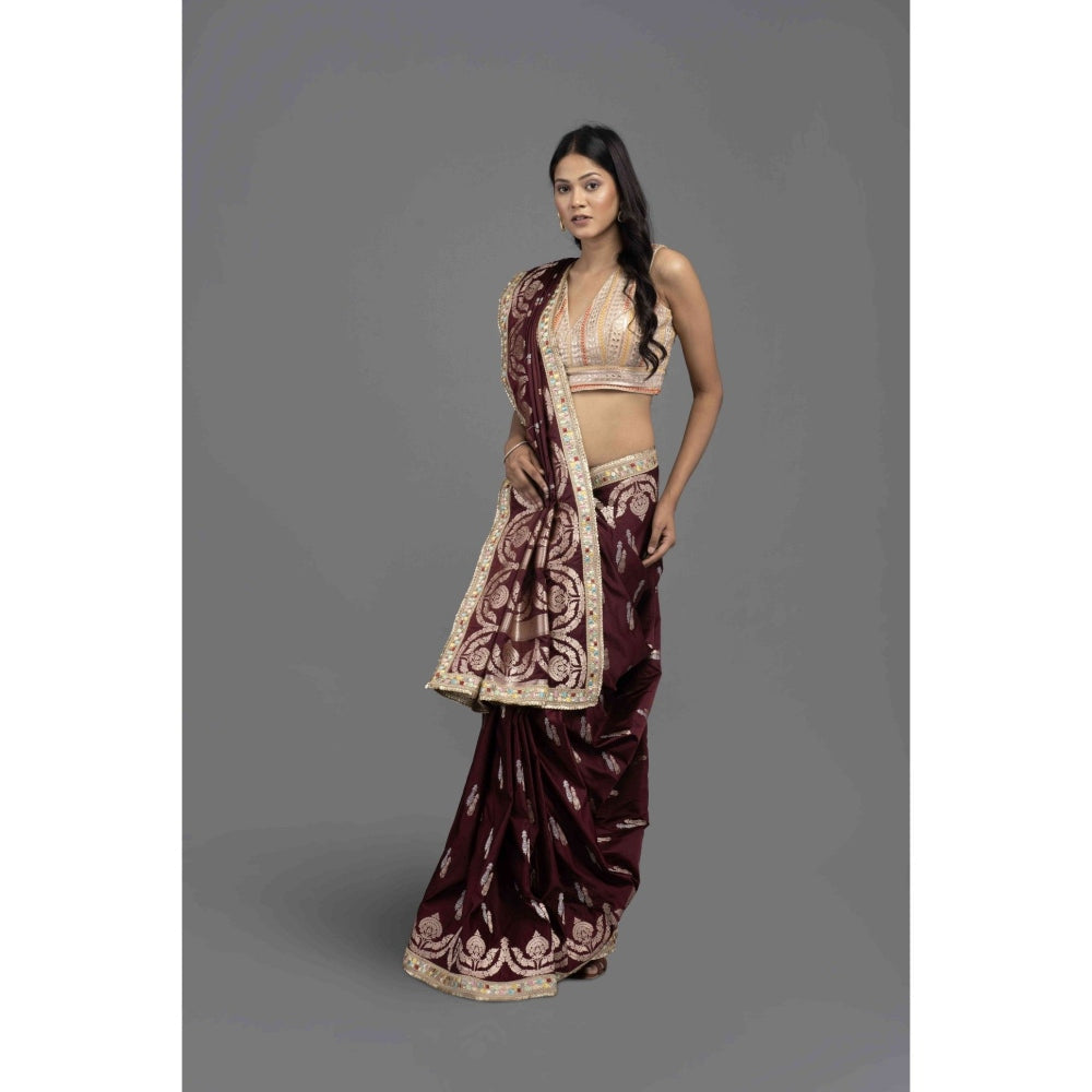 Zal from Benaras Wine Cutwork Silk Banarasi Handloom Saree with Unstitched Blouse