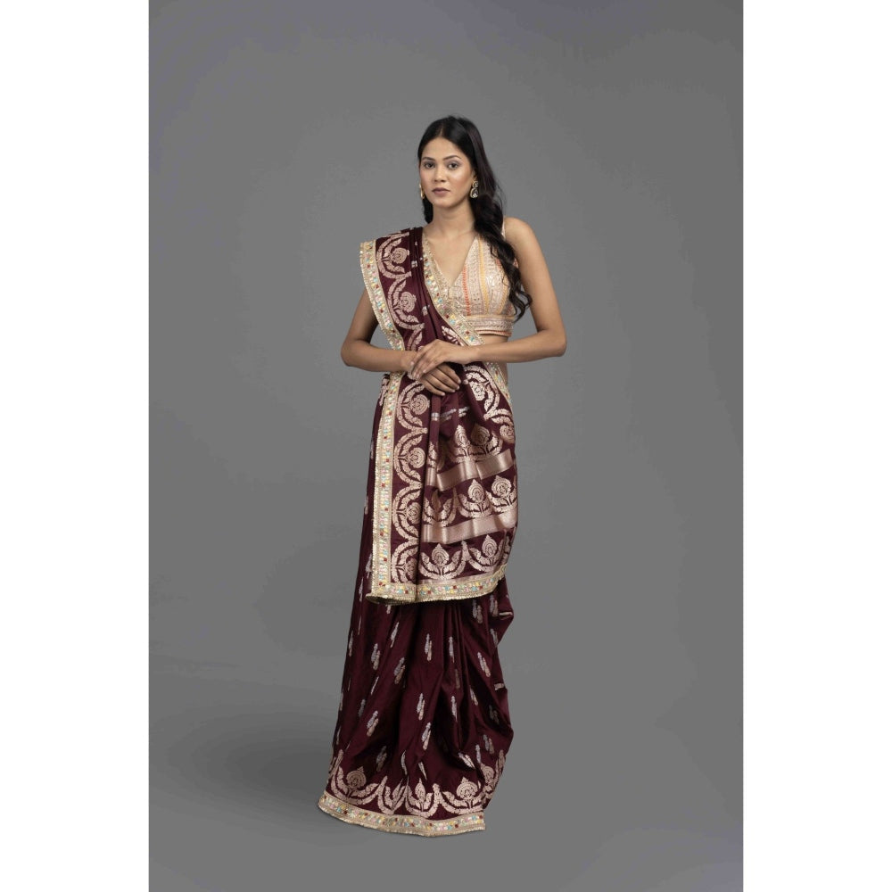 Zal from Benaras Wine Cutwork Silk Banarasi Handloom Saree with Unstitched Blouse