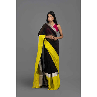 Zal from Benaras Black Chanderi Silk Banarasi Saree with Unstitched Blouse