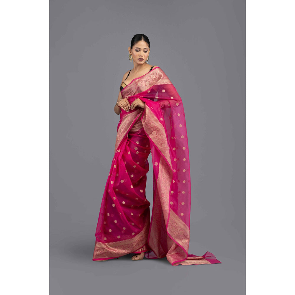 Zal from Benaras Hot Pink Silk Banarasi Handloom Saree with Unstitched Blouse