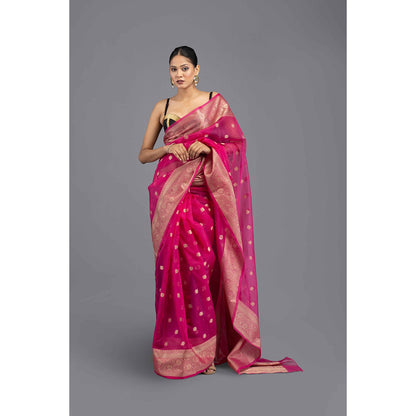 Zal from Benaras Hot Pink Silk Banarasi Handloom Saree with Unstitched Blouse