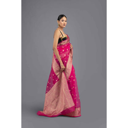 Zal from Benaras Hot Pink Silk Banarasi Handloom Saree with Unstitched Blouse