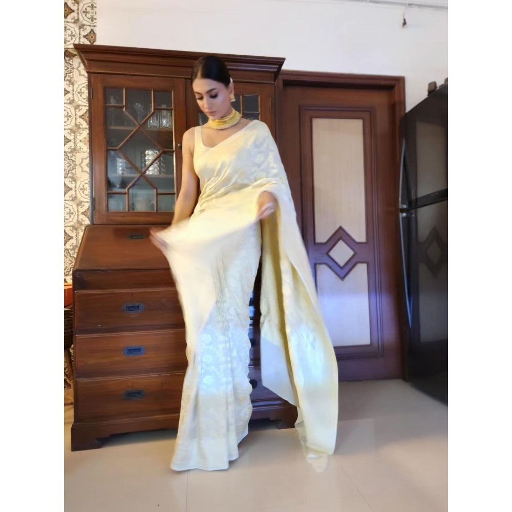 Zal from Benaras Cream Banarasi Handloom Saree with Unstitched Blouse
