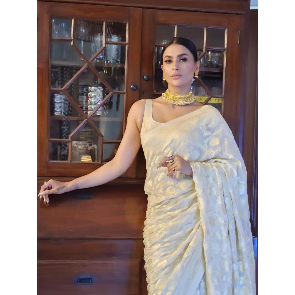 Zal from Benaras Cream Banarasi Handloom Saree with Unstitched Blouse