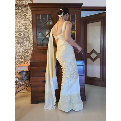 Zal from Benaras Cream Banarasi Handloom Saree with Unstitched Blouse