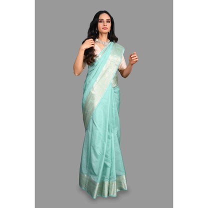 Zal from Benaras Sea Green Silk Banarasi Handloom Saree with Unstitched Blouse