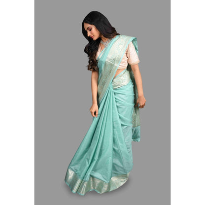 Zal from Benaras Sea Green Silk Banarasi Handloom Saree with Unstitched Blouse