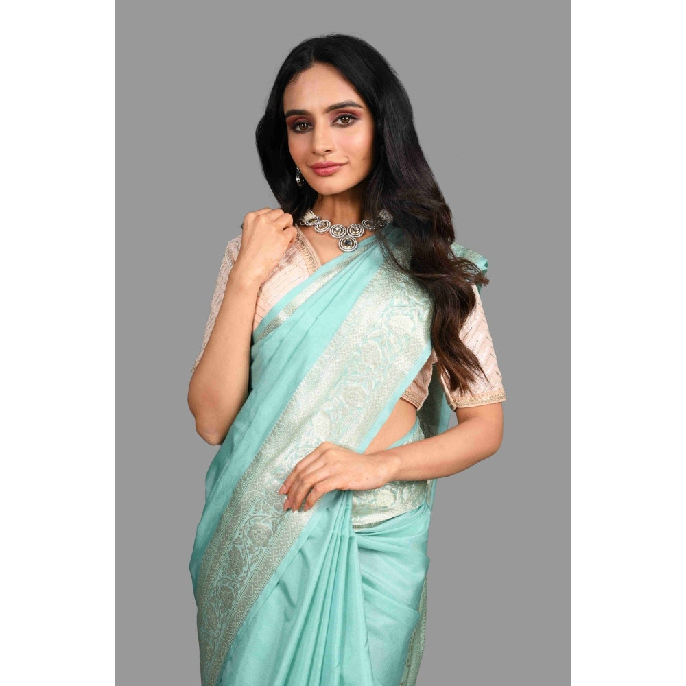 Zal from Benaras Sea Green Silk Banarasi Handloom Saree with Unstitched Blouse