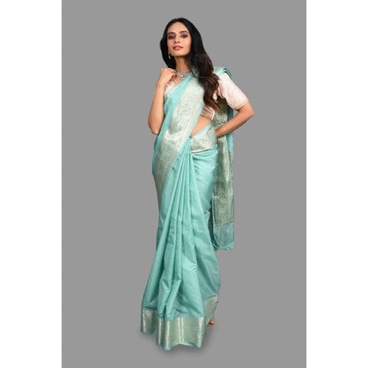Zal from Benaras Sea Green Silk Banarasi Handloom Saree with Unstitched Blouse