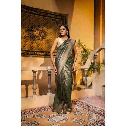 Zal from Benaras Bottle Green Pure Silk Banarasi Handloom Saree with Unstitched Blouse