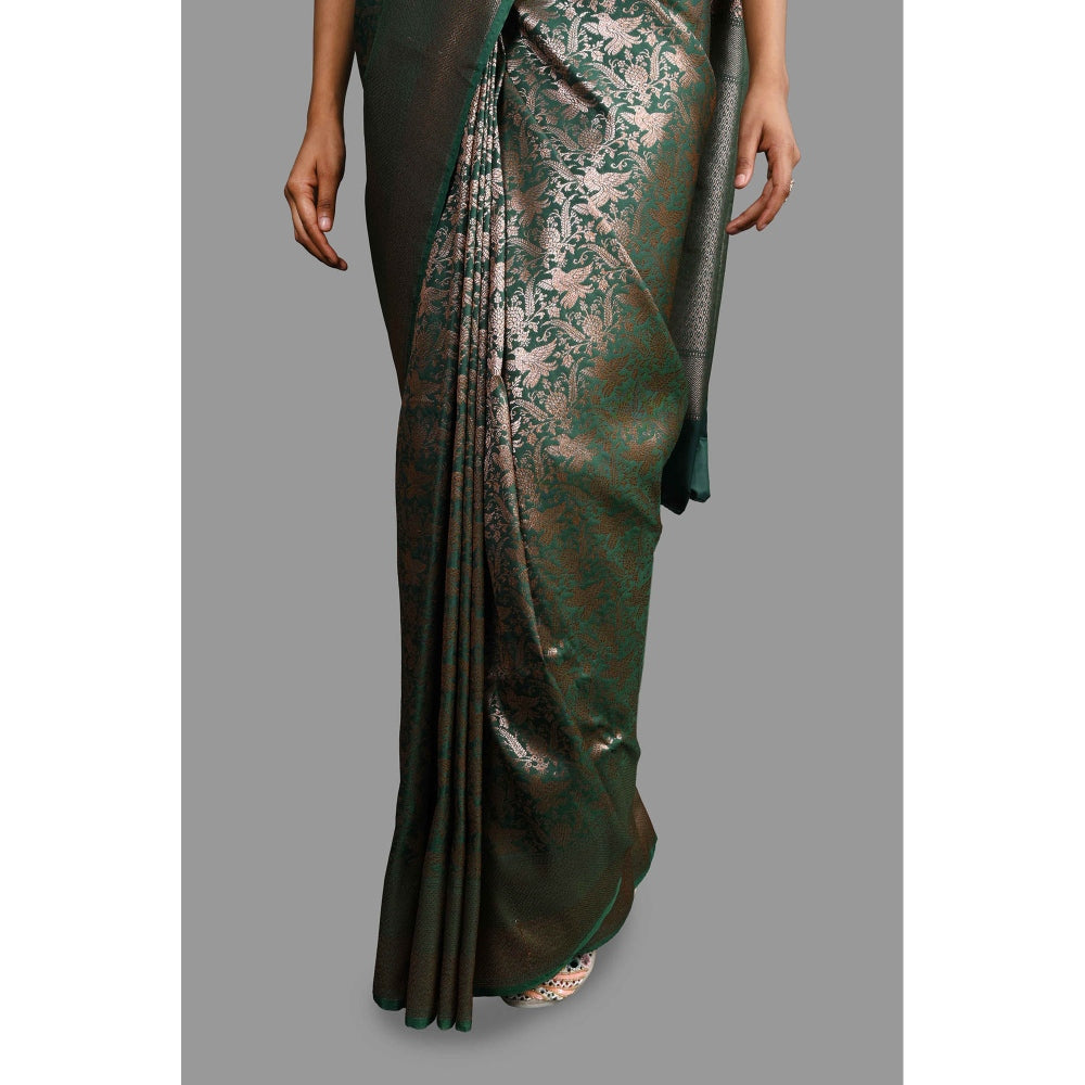 Zal from Benaras Bottle Green Pure Silk Banarasi Handloom Saree with Unstitched Blouse
