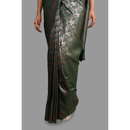 Zal from Benaras Bottle Green Pure Silk Banarasi Handloom Saree with Unstitched Blouse