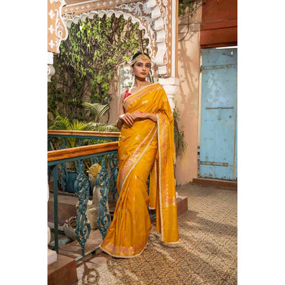 Zal from Benaras Mustard Pearl Work Silk Banarasi Handloom Saree with Unstitched Blouse