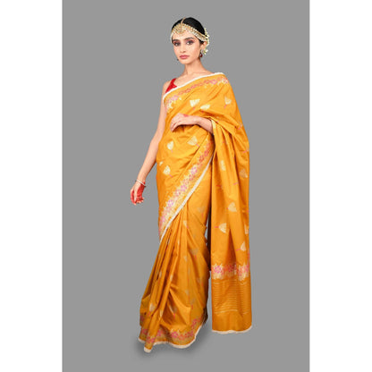 Zal from Benaras Mustard Pearl Work Silk Banarasi Handloom Saree with Unstitched Blouse