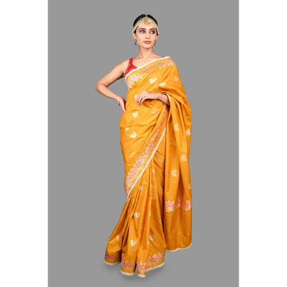 Zal from Benaras Mustard Pearl Work Silk Banarasi Handloom Saree with Unstitched Blouse