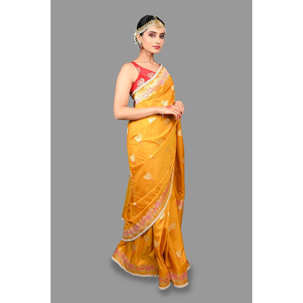 Zal from Benaras Mustard Pearl Work Silk Banarasi Handloom Saree with Unstitched Blouse
