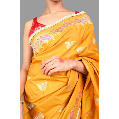 Zal from Benaras Mustard Pearl Work Silk Banarasi Handloom Saree with Unstitched Blouse