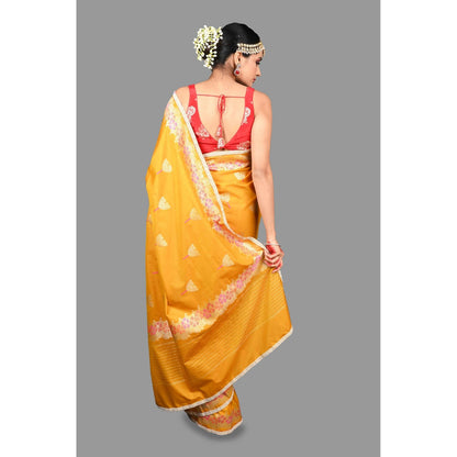 Zal from Benaras Mustard Pearl Work Silk Banarasi Handloom Saree with Unstitched Blouse