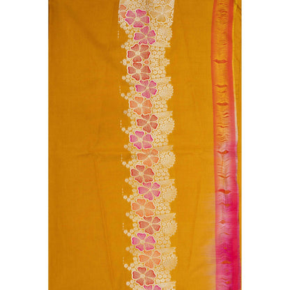 Zal from Benaras Mustard Pearl Work Silk Banarasi Handloom Saree with Unstitched Blouse