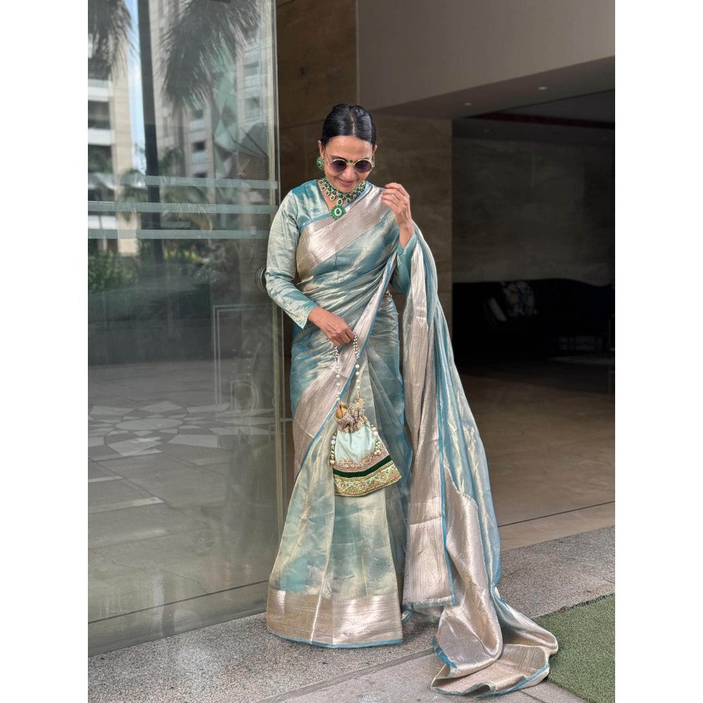 Zal from Benaras Sky Blue Pure Tissue Silk Banarasi Handloom Saree with Unstitched Blouse