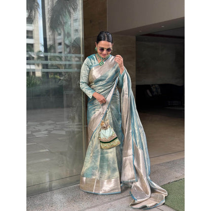 Zal from Benaras Sky Blue Pure Tissue Silk Banarasi Handloom Saree with Unstitched Blouse