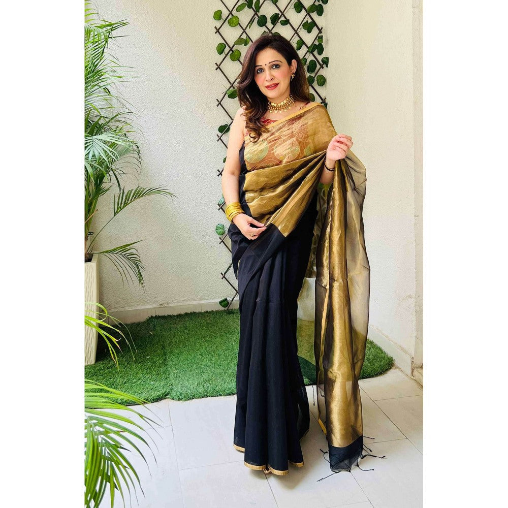 Zal from Benaras Black Gold Tissue Pure Chanderi Silk Saree with Unstitched Blouse