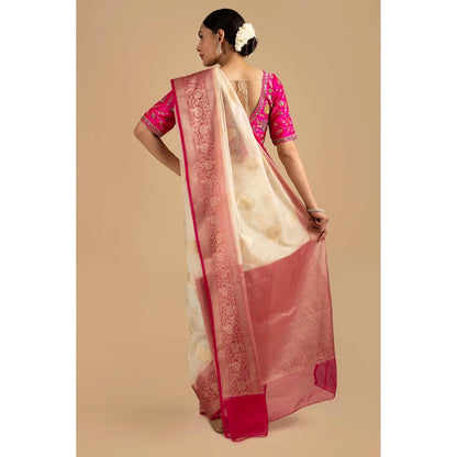Zal from Benaras White Kora Organza Silk Banarasi Handloom Saree without Blouse