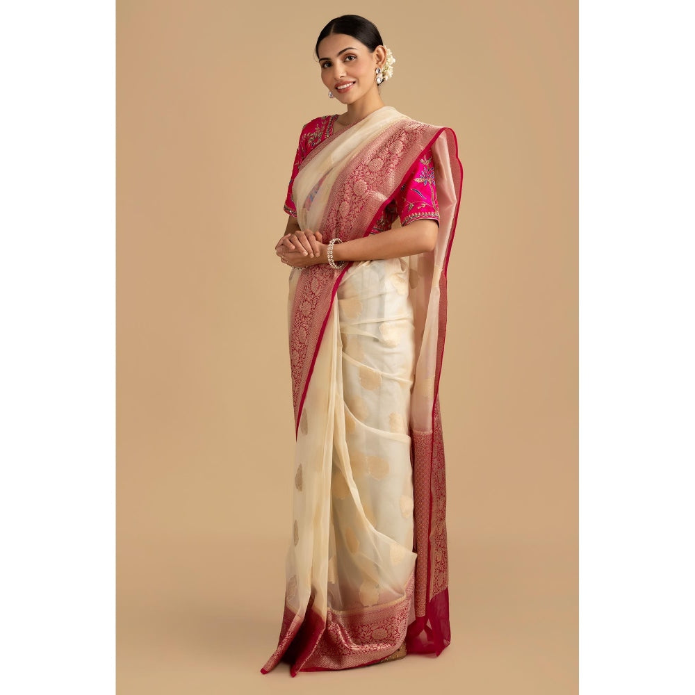 Zal from Benaras White Kora Organza Silk Banarasi Handloom Saree without Blouse