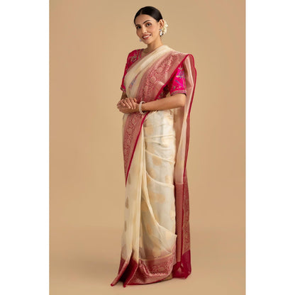 Zal from Benaras White Kora Organza Silk Banarasi Handloom Saree without Blouse