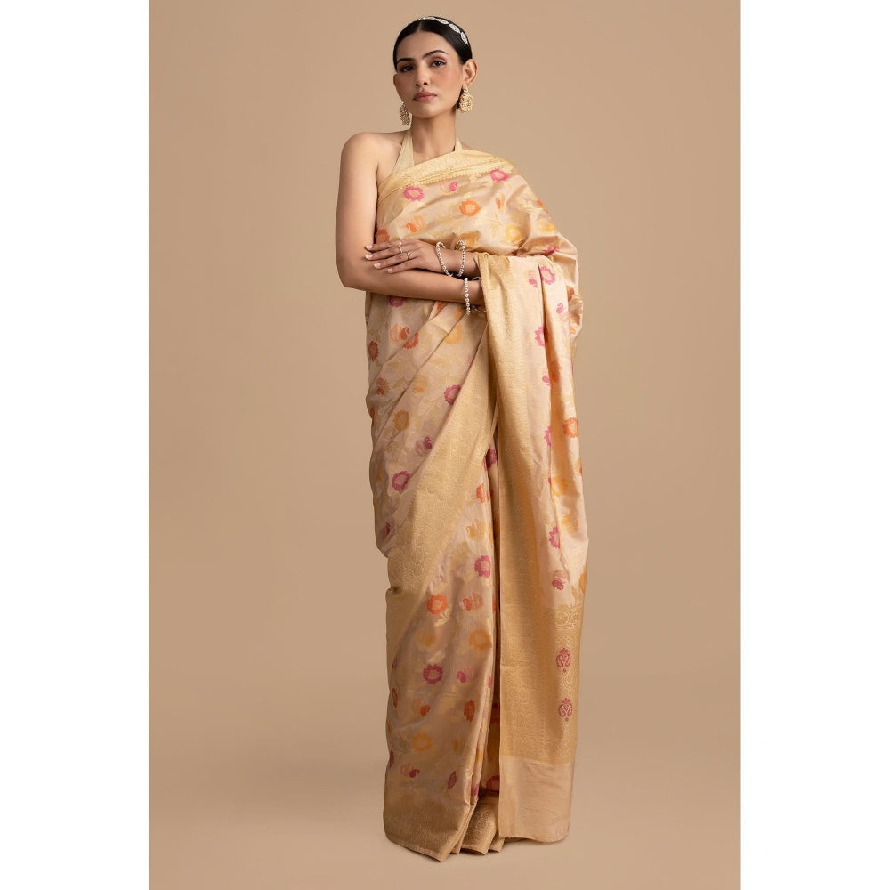 Zal from Benaras Beige Floral Minakari Pure Silk Banarasi Handloom Saree without Blouse