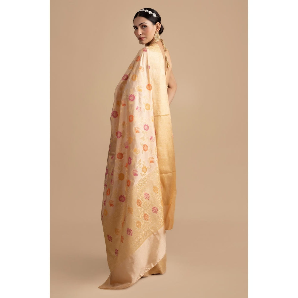 Zal from Benaras Beige Floral Minakari Pure Silk Banarasi Handloom Saree without Blouse