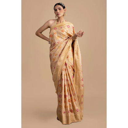 Zal from Benaras Beige Floral Minakari Pure Silk Banarasi Handloom Saree without Blouse