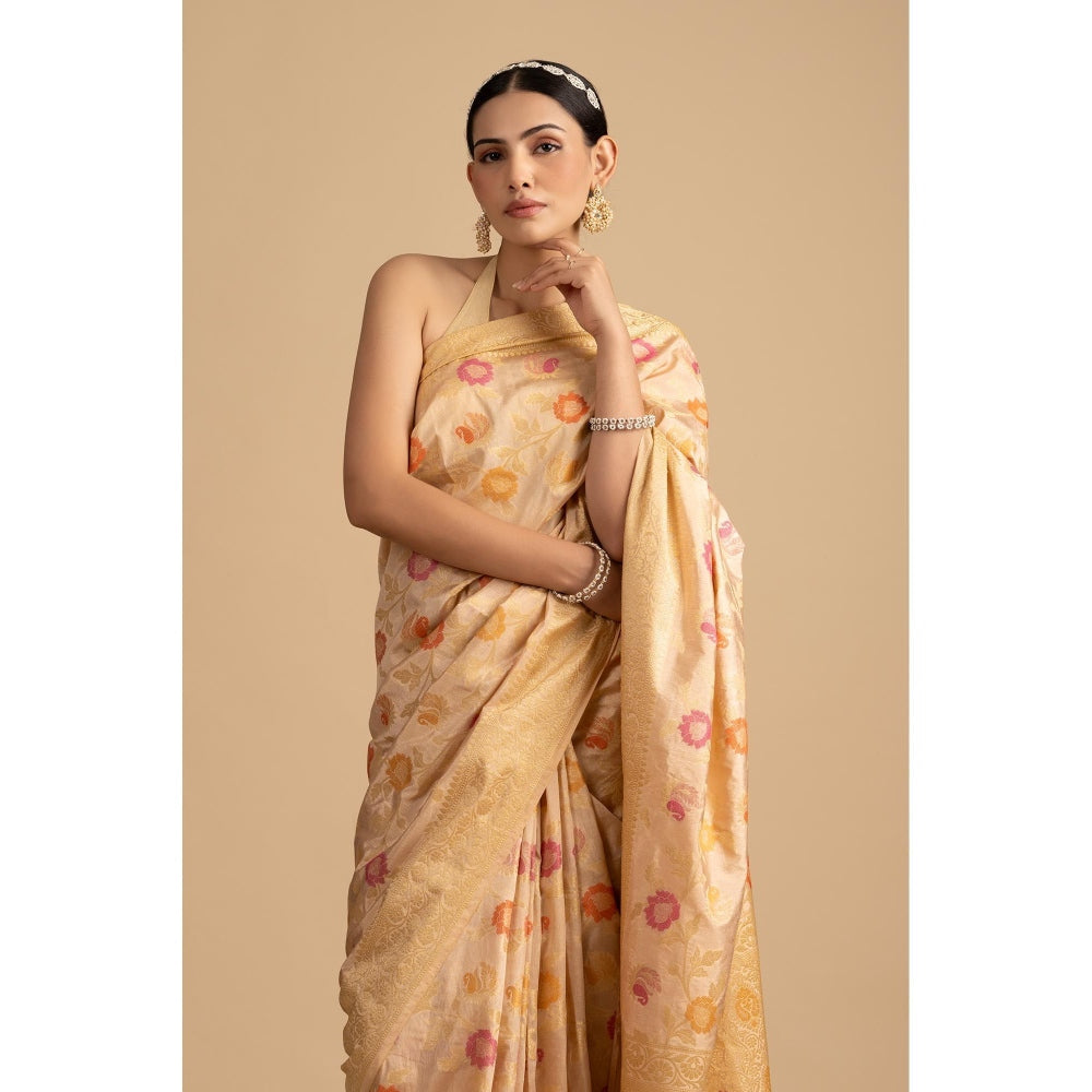 Zal from Benaras Beige Floral Minakari Pure Silk Banarasi Handloom Saree without Blouse
