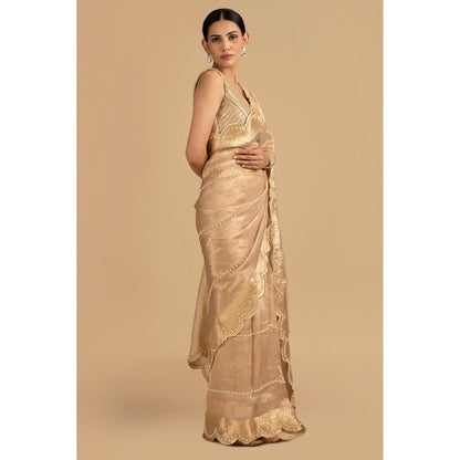 Zal from Benaras Golden Pure Tissue Silk Banarasi Hand Embroidered Saree without Blouse