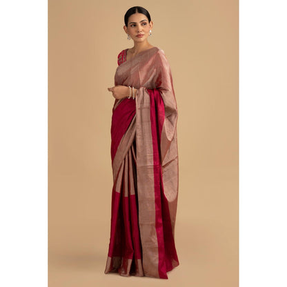 Zal from Benaras Hot Pink Pure Chanderi Tissue Handloom Saree without Blouse