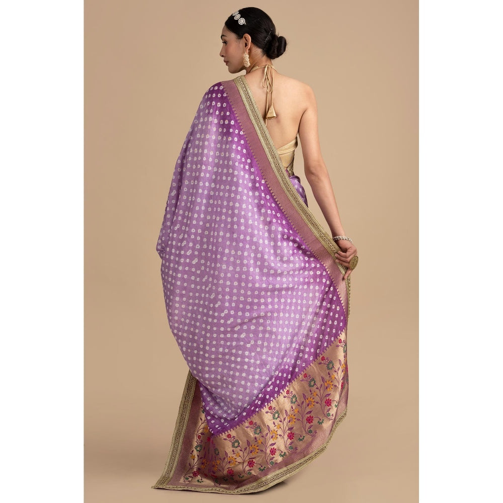 Zal from Benaras Purple Pure Silk Bandhani Handloom Saree without Blouse