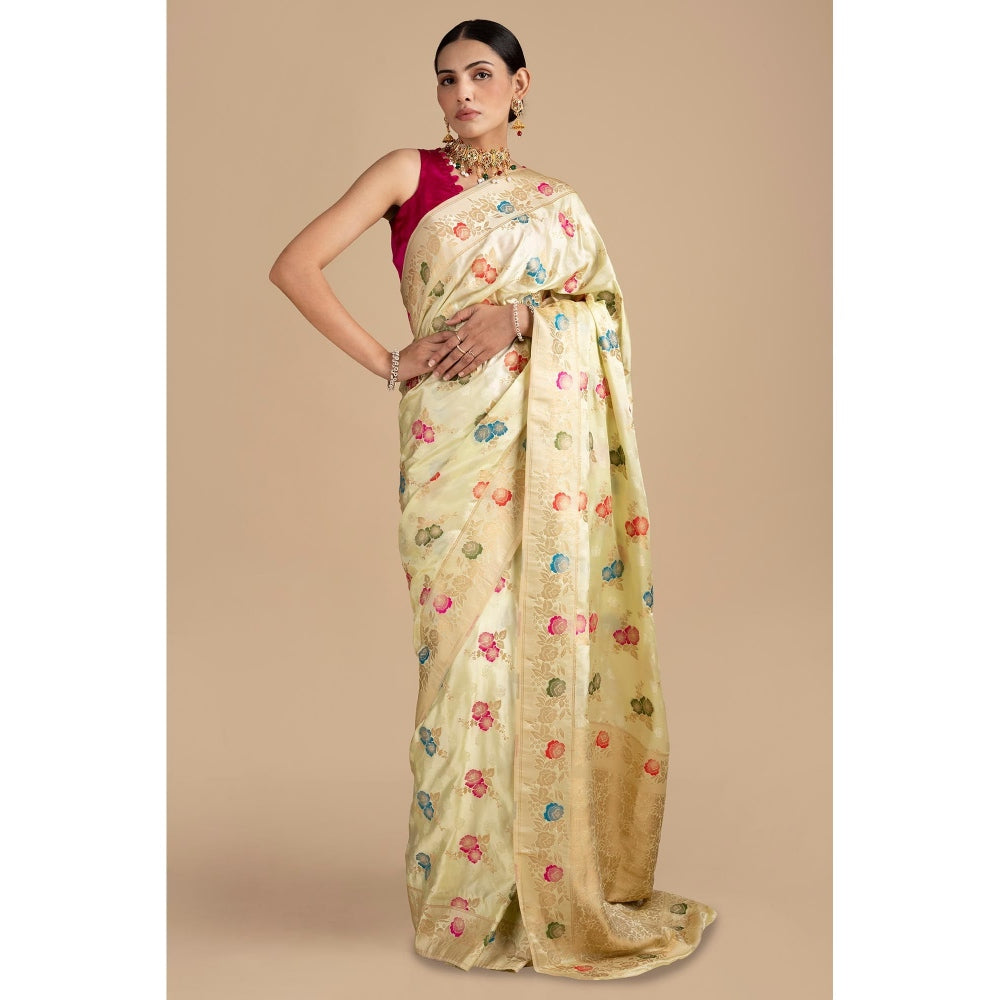 Zal from Benaras Cream Pure Katan Silk Banarasi Minakari Handloom Saree without Blouse