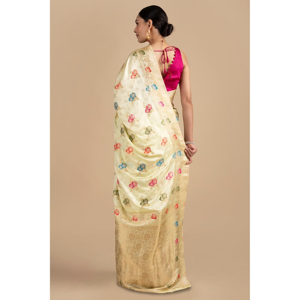 Zal from Benaras Cream Pure Katan Silk Banarasi Minakari Handloom Saree without Blouse