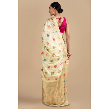 Zal from Benaras Cream Pure Katan Silk Banarasi Minakari Handloom Saree without Blouse