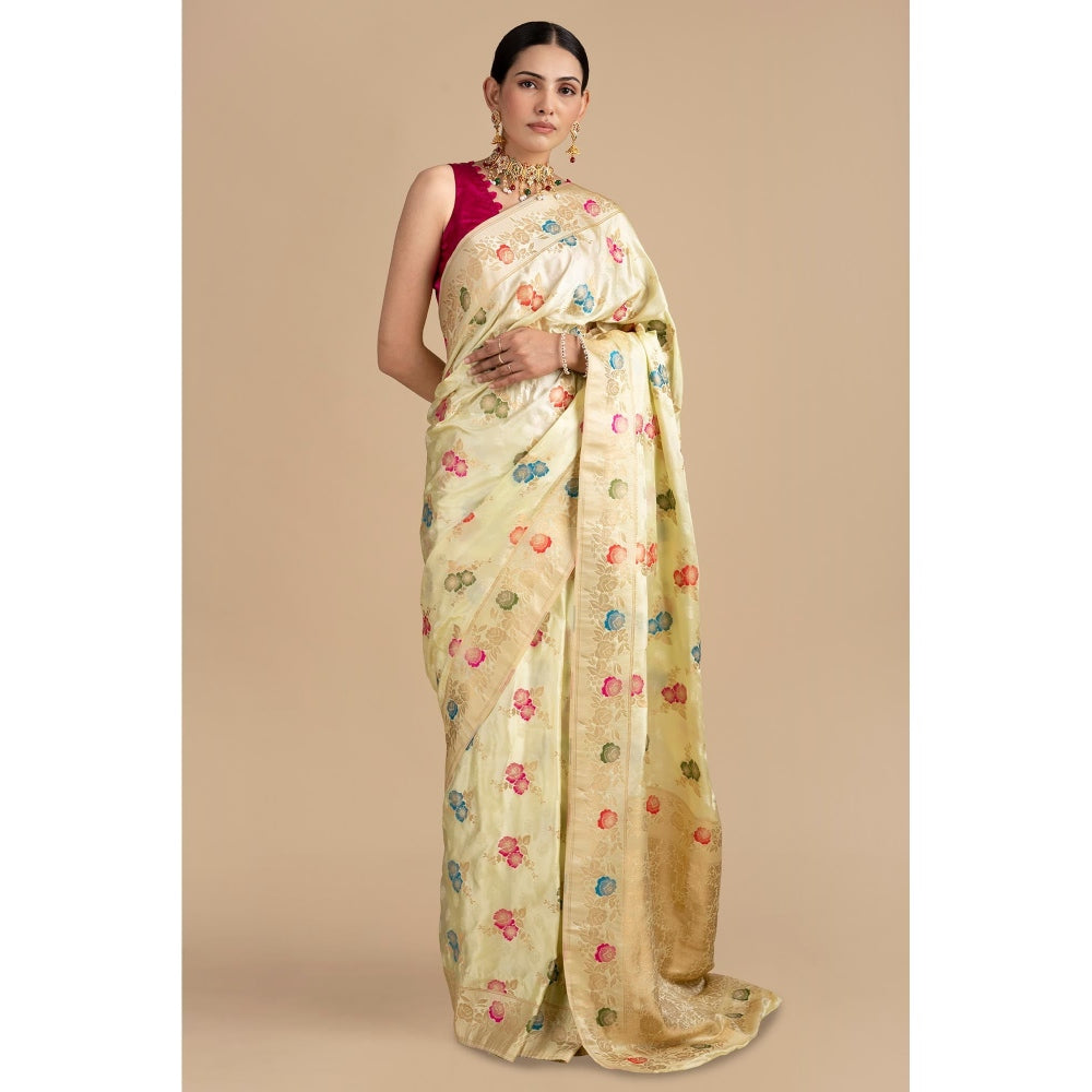 Zal from Benaras Cream Pure Katan Silk Banarasi Minakari Handloom Saree without Blouse