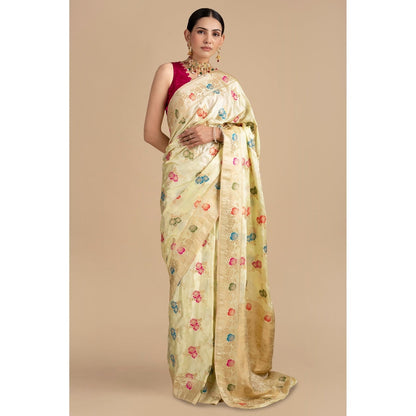 Zal from Benaras Cream Pure Katan Silk Banarasi Minakari Handloom Saree without Blouse