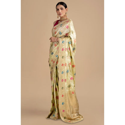 Zal from Benaras Cream Pure Katan Silk Banarasi Minakari Handloom Saree without Blouse